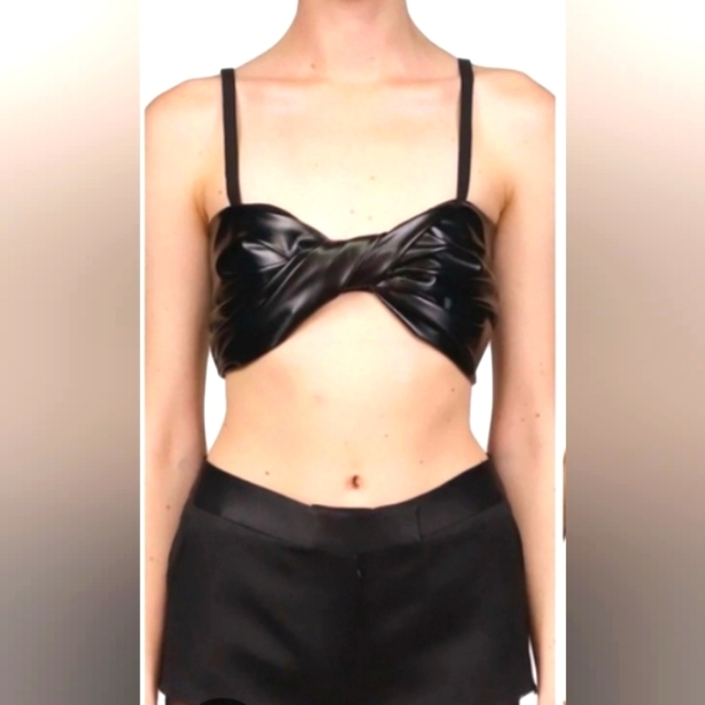 Marina Moscone Twist Bralette Vegan Faux Leather Black Size Large